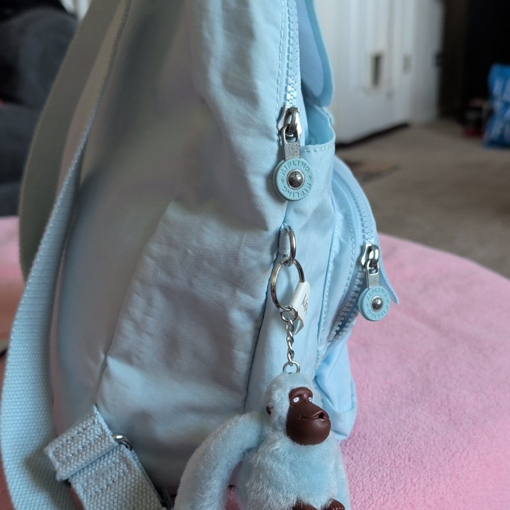 Kipling Pastel Blue Nylon Mini Backpack with Monkey Charm - Picture 4 of 4